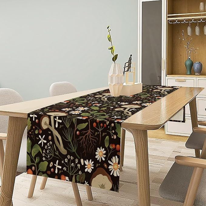 Vintage Mushroom Table Runner Rustic Garden Wildflower Botanical Plants Herbs Spring Summer Seasonal Black Dinner Runner for Kitchen Dining Cabin Home Holiday Party 13x120in