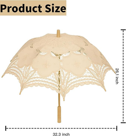 Lace Parasol Umbrella 32 Inch – Victorian Style Bridal Wedding Sunshade for Women, Lace Umbrella for Photoshoot, Tea Party, Costume, Outdoor Decoration