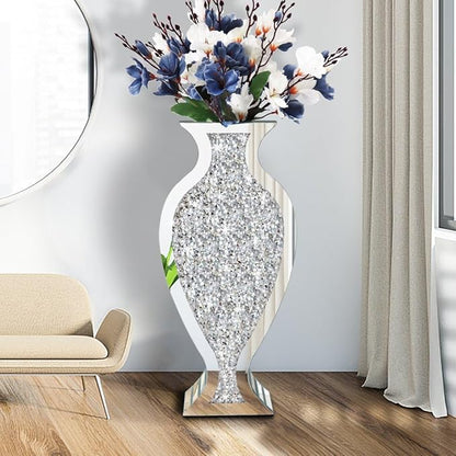 Tall Floor Vase S Crushed Diamond Mirrored Vase 27” Tall, Crystal Silver Glass Decorative Mirror Large Vase Luxury for Home Decor Flower Arrangement Can’t Hold Water.
