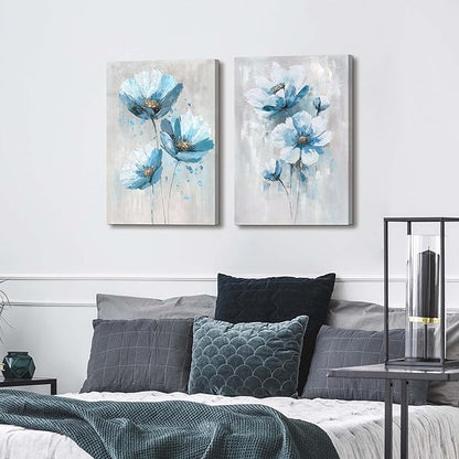 Flower Picture Canvas Wall Art: 2 Pieces Teal Floral Abstract Prints Artwork Vintage Turquoise Bouquet Botanical Painting for Bedroom Living Room Bathroom Home Office