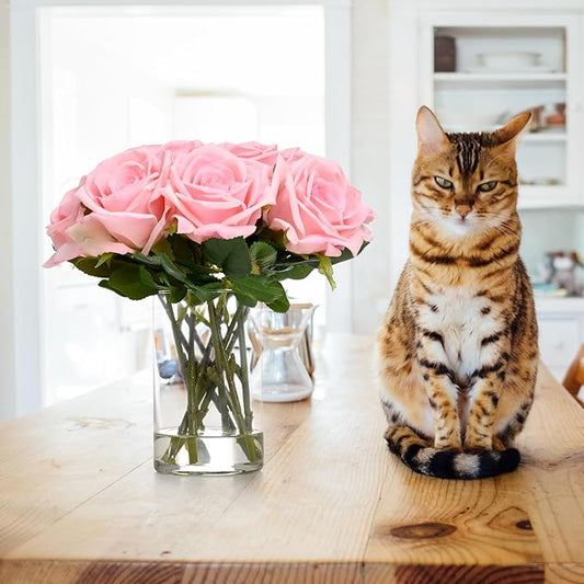 BLEUM CADE Luxury PU Fake Flowers in Vase with Faux Water, Pink Real Touch Roses Artificial Flowers with Glass Vase for Office Home Dining Room Centerpiece Table Decorations