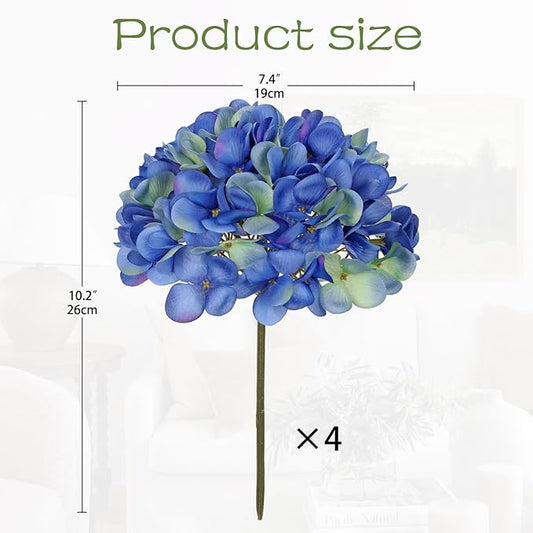 Hollyone Blue Silk Hydrangea Artificial Flowers Heads 7.4inch Large Fake Hydrangea 4Pcs Full Faux Flowers with Stems for Wedding Party Table Centerpieces Flower Arrangement Home Decor