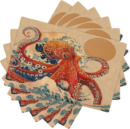 Retro Octopus Placemats Set of 6 Washable Table Vintage Japanese Wave Heat-Resistant Cotton Linen Place Mats for Dining Table Kitchen Indoor Outdoor Party Holiday Decor