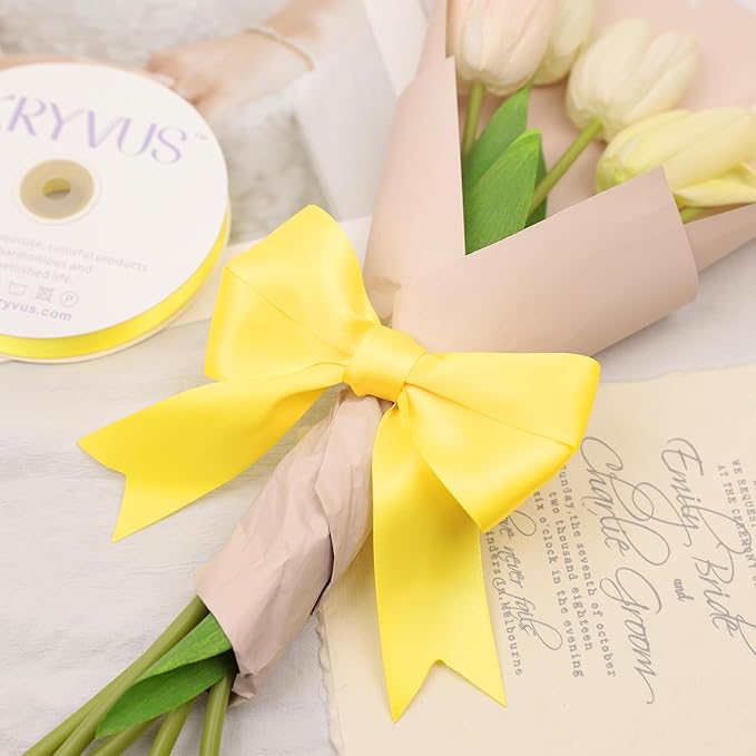 Daffodil Yellow Satin Ribbon, Double Faced 1-1/2 Inch X 50 Yards Daffodil Ribbon, Premium Satin Ribbon for Gift Wrapping, Crafts, Hair Bow Making, Sewing, Flower Bouquet, Wedding Party Decor
