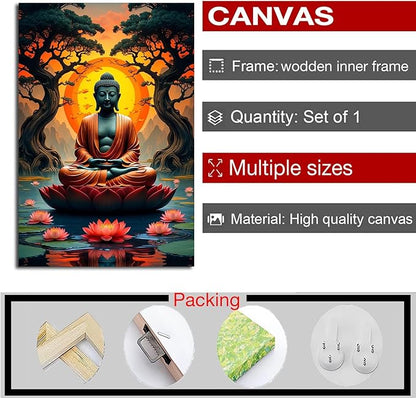 Canvas wall art Golden Buddha on lotus at sunset Ancient trees with reflections on water Serene meditation scene Uplifting wall art for mindfulness and tranquil home decor 8x12in Wood Framed