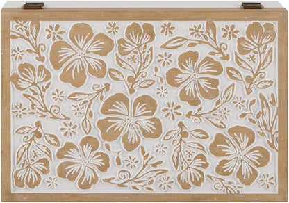 Wooden Keepsake Box - Decorative Floral Wood Boxes with Hinged Lid, Flower Engraved Design, 10.24" W
