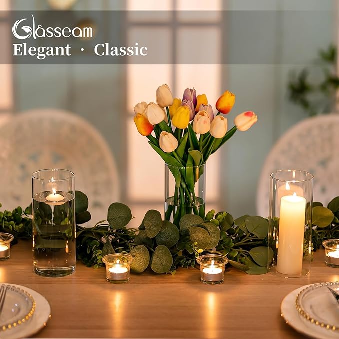 Glasseam Clear Cylinder Vase Set of 6, Modern Glass Vases for Centerpieces, Floating Candle Vases for Decor, Decorative Hurricane Candle Holders for Pillar Candles Wedding Table Decorations, 8in