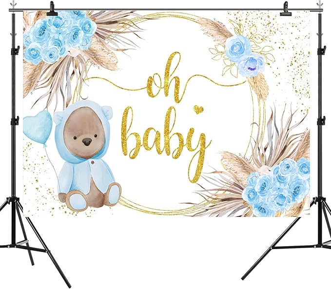 8x6ft Baby Shower Backdrop Oh Baby Photography Background Bear Blue Flowers Boho Leaves Heart Balloon Gold Dots Kid Birthday Party Banner Decorations Newborn Gender Reveal Photo Booth Prop