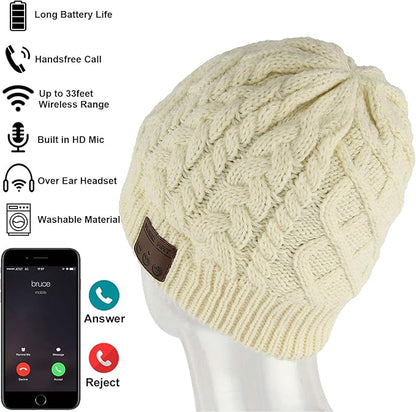 Wireless Beanie Hat for Men Women Wireless Headset Headphones Music Audio Boys Girls Winter Cap with Speaker Mic Hands Free Outdoor Sport Stereo Earphone Earpieces Warm White