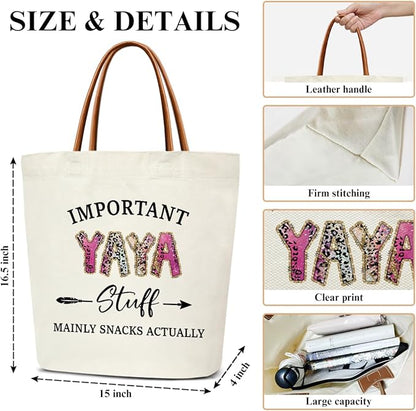 Canvas Tote Bag for Women, Important Stuff Bag with Leather Handle, Reusable Grocery Bags for Shopping Beach Travel