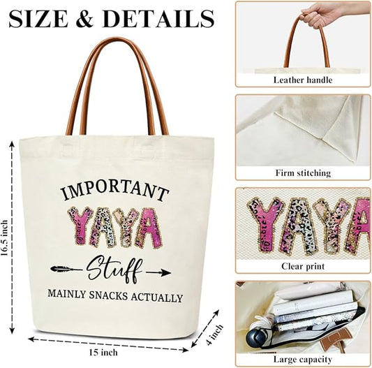 Canvas Tote Bag for Women, Important Stuff Bag with Leather Handle, Reusable Grocery Bags for Shopping Beach Travel