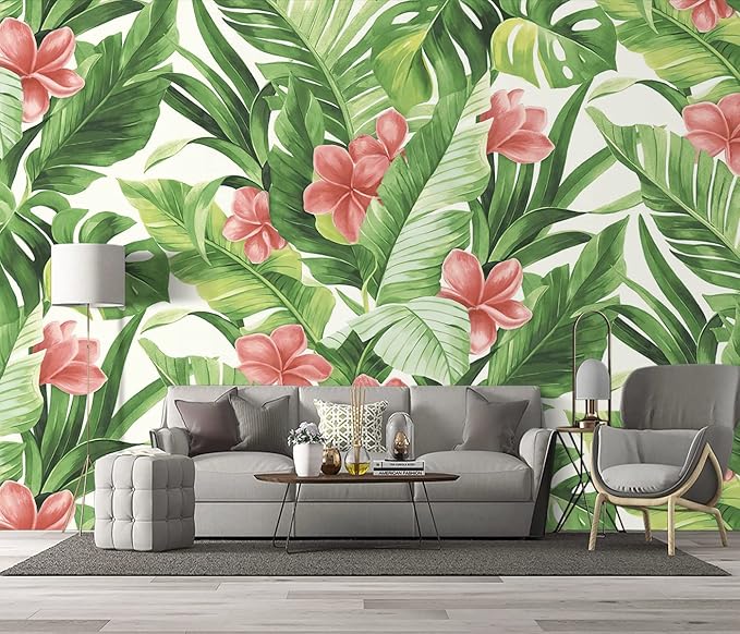 Banana Leaf Wallpaper Pink Floral Plant Girls Bedroom Botanical Flowers murals Aesthetic Room Decor Living Room tv Background Large Wall Mural - 137"x96" Not Peel and Stick