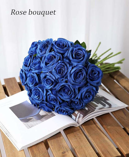 Laelfe 12 pcs Artificial Blue Roses Flowers Long Stem Fake Silk Rose for Home Wendding Decorations (Blue)