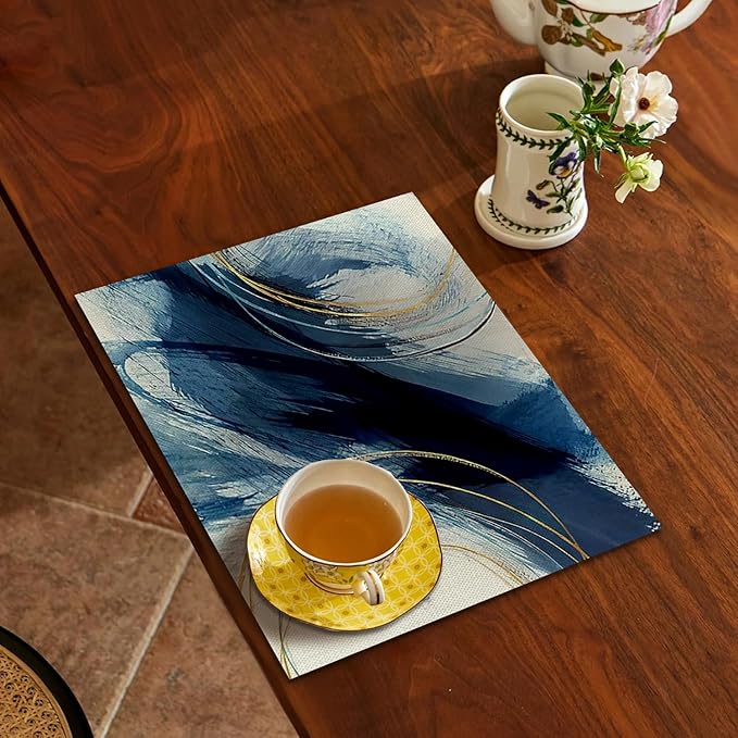 Abstract Navy Blue and White Placemats Set of 4, Modern Contemporary Placemats Table Mats Place Mats for Kitchen Dining Table Winter Holiday Party Decoration 16.9x11.4 Inch