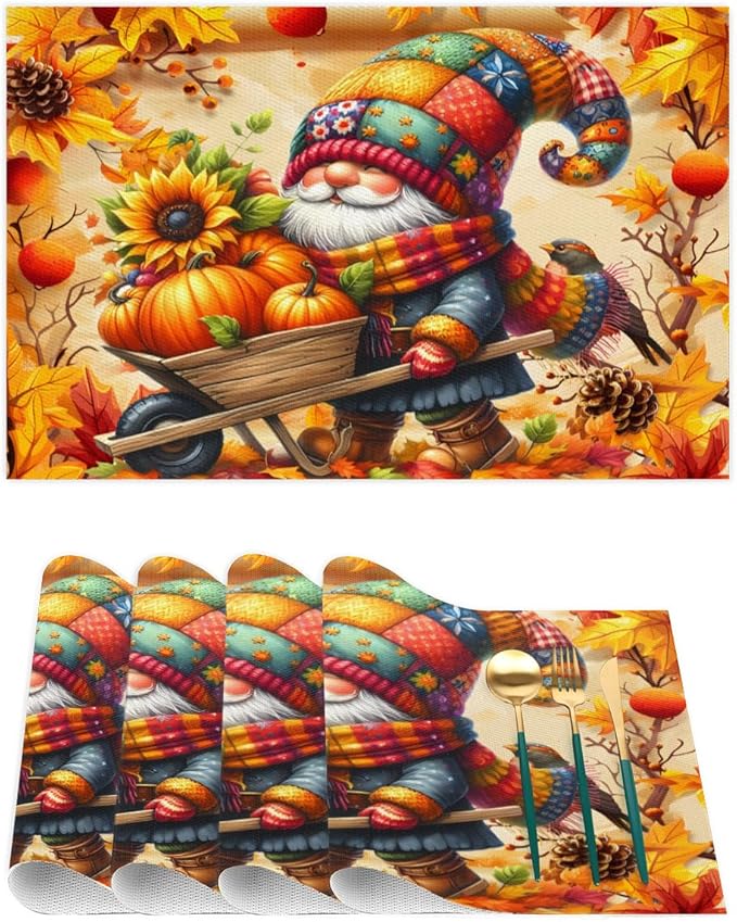 Autumn Gnome Pumpkin Flower Placemats Set of 1 PVC Vinyl Non Slip Table Mats Heat Resistant Place Mats Washable Wipeable Dining Table Mat for Kitchen Decor Party Indoor Outdoor Decorative Gift
