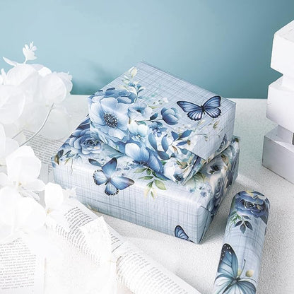 WRAPAHOLIC Dusty Blue Floral Wrapping Paper Roll - Mini Roll - 17 Inch x 33 Feet - Butterfly Flower Design, Perfect for Birthday, Wedding, Bridal Shower