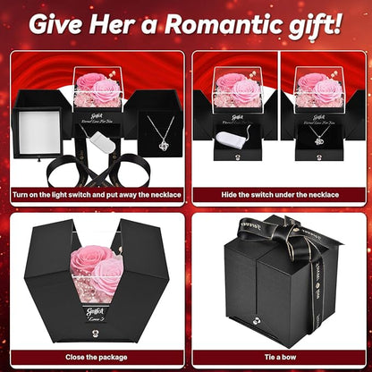 2 Preserved Rose Gift for Women - Eternal Rose with I Love You Necklace - Romantic Birthday Gifts for Girlfriend Mom Her Wife Grandma on Valentines Mothers Day Anniversary Christmas-Pink