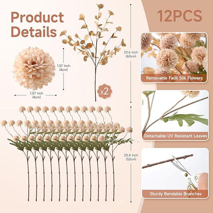 Real-Touch Faux Silk Mums Bouquet, Bendable Long Stems, Full & Realistic Artificial Flower Arrangement for Vase, Table, Wedding & Wreath Décor, Beige(No Vase) (Beige)