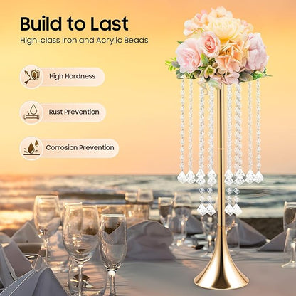 10 Pieces Centerpiece Gold Crystal Vase, 21.9 Inch Acrylic Crysta Wedding Flower Stand, for Wedding Reception, Party, Banquet, Hotel Decorations