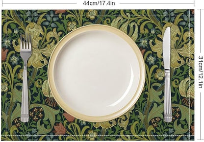 Vintage Floral Placemats Set of 6, William Morris Retro Boho Botanical Plant Place Mats, Heat Resistant Non Slip Cotton Linen Dining Table Mats for Home Kitchen Party 18x12 Inch