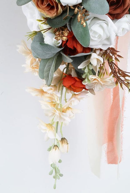Wedding Bouquet, 11 Inch Terracotta Wedding Decor Artificial Flowers Bridal Bouquet Cascading Wedding Bouquets for Bride for Wedding Ceremony and Anniversary(Chic Terracotta)
