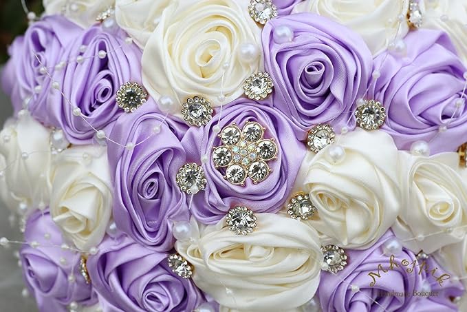Bridal Wedding Bouquet Round Bling Brooch Bouquet Throw Toss Artificial Rose Flower Bunch for Bride Bridesmaid Wedding Quinceanera(Light Purple & Ivory, 7.5")