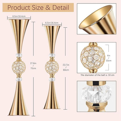 VIJIV Gold Tall Crystal Flower Vases for Centerpiece - 28'' Large Trumpet Vase for Bouquet Skinny Decorative, Table/Floor Vase Flower Stand for Party Event, Dining Table Décor, Bridal Shower, Wedding