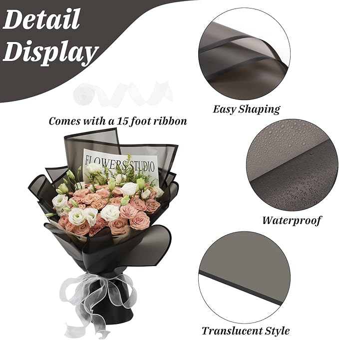 Rumvan Flower Wrapping Paper, 20 Sheets, Waterproof, Floral Bouquet Design, for Wedding, Birthday Gift, DIY Florist Supplies (Black)