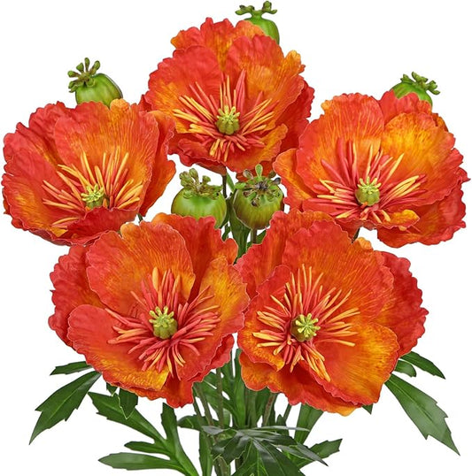 Hollyone 5Pcs Dark Orange Poppy Flowers Artificial Bouquet 32.2" Silk Fake Poppy Flowers Arrangement Real Touch Faux Poppies Flower Long Stem for DIY Wedding Party Table Centerpiece Table Home Decor
