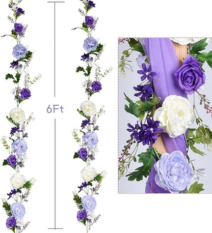 2 Pack Artificial Peony Flower Garland - 6ft Silk Peony Garland Flowers Vine Purple and White Peony Silk Roses Flowers for Wedding Arch Party Table Decoration
