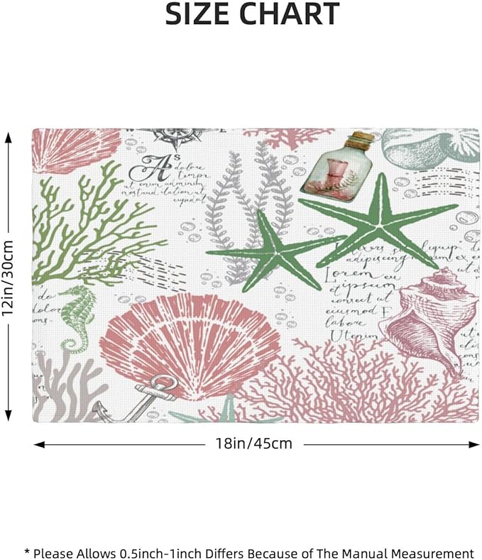 Summer Ocean Placemats Set of 4,Nautical Coastal Pink Green Starfish Seashell Coral Theme Linen Table Mats for Home Kitchen Dining Party Decor 4 PCS