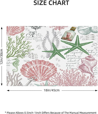 Summer Ocean Placemats Set of 4,Nautical Coastal Pink Green Starfish Seashell Coral Theme Linen Table Mats for Home Kitchen Dining Party Decor 6 PCS