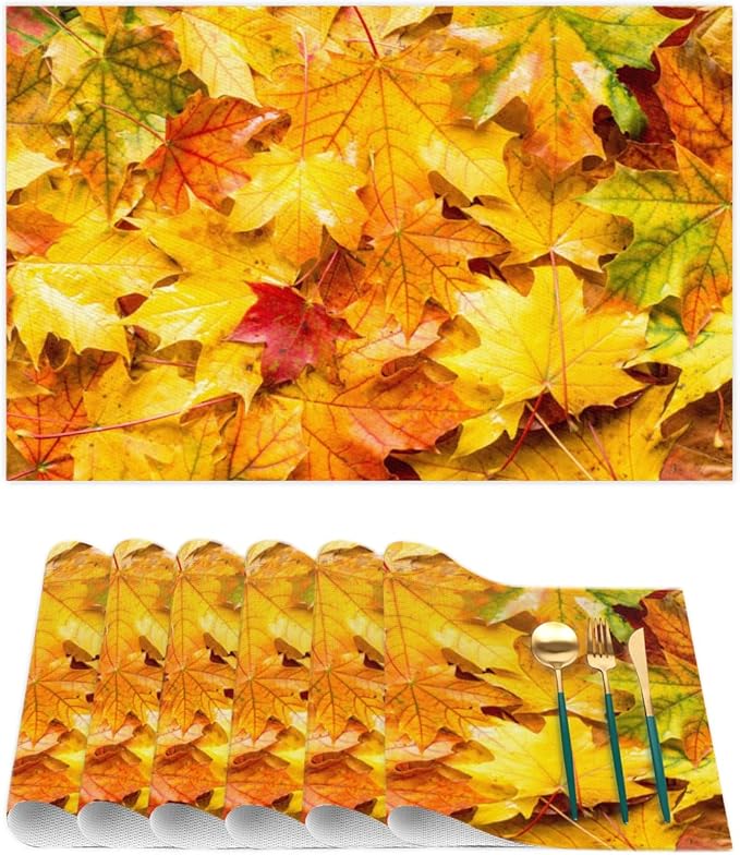 Autumn Maple Leaf Fall Placemats Set of 1 PVC Vinyl Non Slip Table Mats Heat Resistant Place Mats Washable Wipeable Dining Table Mat for Kitchen Decor Party Indoor Outdoor Decorative Gift