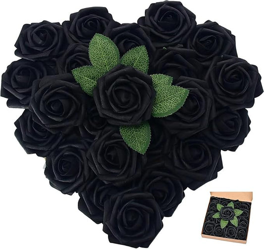 [25PCS] Isquene Black Roses Artificial Flowers with Long Stem Real Touch Fake Foam Roses for Decoration DIY Wedding Bouquets Centerpieces Bridal Shower Mothers Day Party Flower Arrangements Home Decor