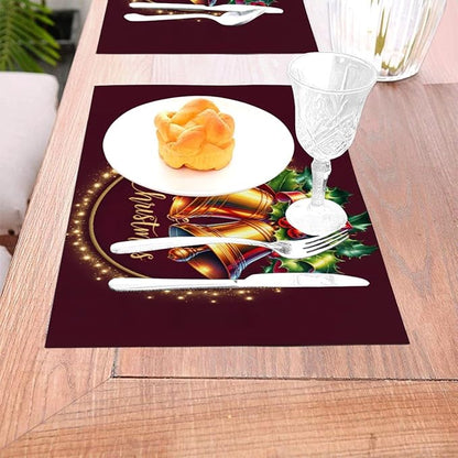 PVC Placemats Set of 1 Wipeable Table Mats Washable Heat Resistant Non Slip Vinyl Dining Table Mat for Kitchen Indoor Outdoor Patio Farmhouse Place Mats Christmas Bell Red Decorative