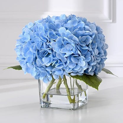 BLEUM CADE Luxury PU Fake Flowers in Vase with Faux Water, Blue Real Touch Hydrangea Artificial Flowers with Glass Vase for Office Home Dining Room Centerpiece Table Decorations