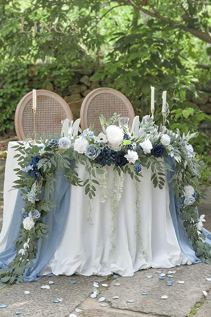 Ling's moment 9FT Spring Flower Garland- Wedding Arch Flowers for Backdrop Decoration, Eucalyptus & Rose, Artificial Floral Garland for Mantle - Sweetheart Head Table Decor for Reception, Dusty Blue