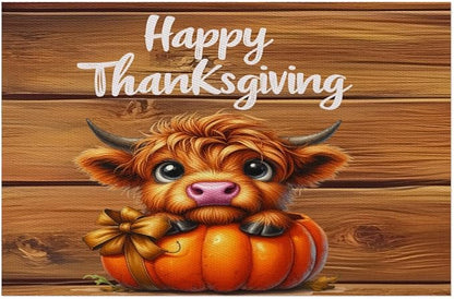 Thanksgiving Pumpkin Highland Cow Placemats Set of 4 PVC Vinyl Non Slip Table Mats Heat Resistant Place Mats Washable Wipeable Dining Table Mat for Kitchen Decor Party Indoor Outdoor Decorative Gift