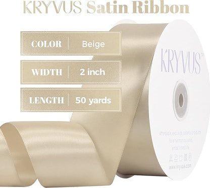 Beige Satin Ribbon, Double Faced 2 Inch X 50 Yards Beige Ribbon, Premium Satin Ribbon for Gift Wrapping, Crafts, Hair Bow Making, Sewing, Flower Bouquet, Wedding Party Decor