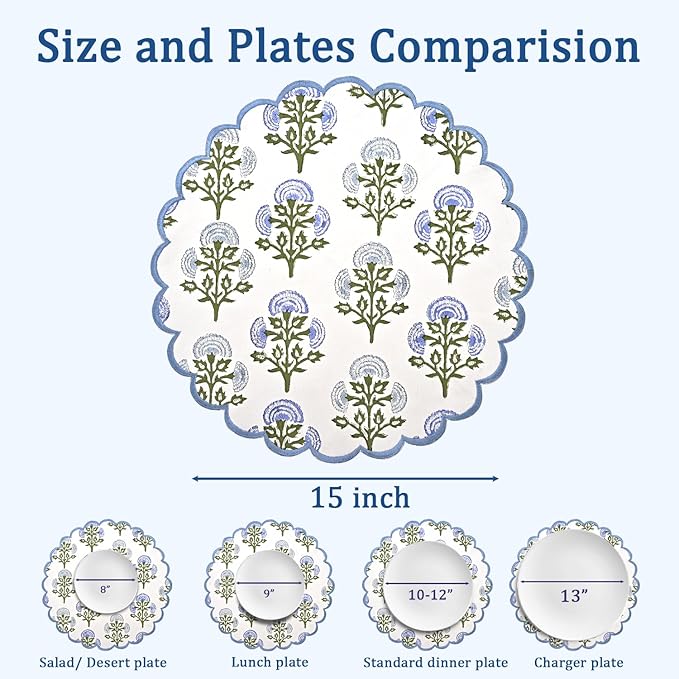 Ridhi Mughal Buta Blue Hand Block Print Cotton15 Inch Round Set of 4 Reusable Washable PlaceMats Kitchen Dining Thanksgiving Halloween Christmas Weddings Everyday Use
