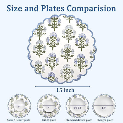 Ridhi Mughal Buta Blue Hand Block Print Cotton15 Inch Round Set of 4 Reusable Washable PlaceMats Kitchen Dining Thanksgiving Halloween Christmas Weddings Everyday Use