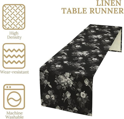 Vintage Botanical Table Runner, Abstract Watercolor Black White Gothic Flower Leaves Plants Print Table Runner for Seasonal Home Decoration Indoor Outdoor Party Decor, 13x70inch
