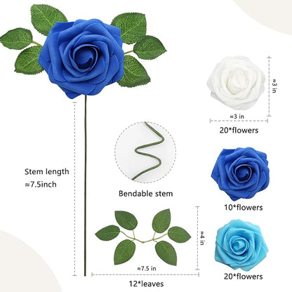 Artificial Flowers 50Pcs Blue and White Roses Real Looking Foam Fake Roses with Leaves for DIY Wedding Bouquets Bridal Shower Party Decorations (Blue Series, 50)