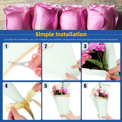 Glarks 52pcs Flower Wrapping Paper Set, Including 40 Sheets Pink and Blue Waterproof Bouquet Wrapping Paper, 10pcs Floral Pick Card Holders, 1 Roll Ribbon and 1pcs Pink Scissors for Flower Shop