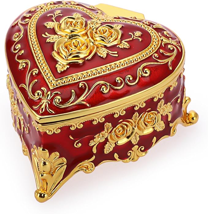 Hipiwe Heart Shape Jewelry Box Classic Metal Trinket Organizer Ring Storage Box with Rose Pattern Jewelry Storage Box for Ring Earrings Necklace, Gift for Women, Red