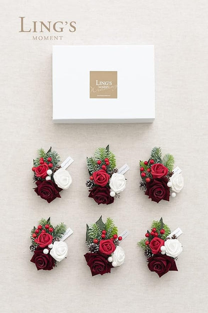 Ling's moment 6pcs Wedding Wrist Corsage Artificial Flowers, Girl/Mother Homecoming Prom Corsages Wristlet Décor, etc. Christmas Red Berry
