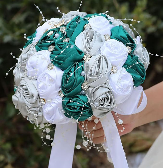 Bridal Wedding Bouquet Round Bling Brooch Bouquet Throw Toss Artificial Rose Flower Bunch for Bride Bridesmaid Wedding Quinceanera(Dark Green, Silver & White, 8.7")