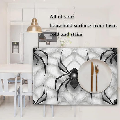 Black Spiders Placemats, Place Mats Set of 4, Heat Resistant Place Mats, Washable Table Mats for Dining Table, Non-Slip Stain Resistant Kitchen Table Placemats, Spiders Web