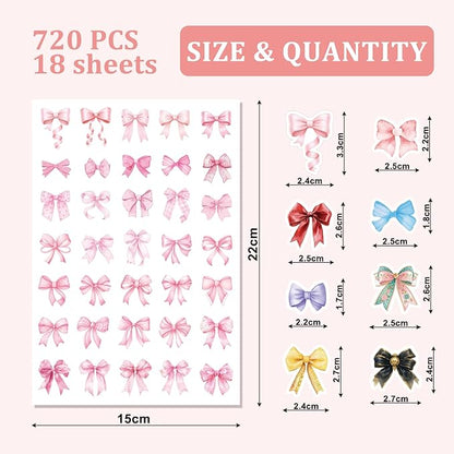 18 Sheets 7 Colors Bow Stickers, 720 PCS Cute Aesthetic Coquette Girly Decorative Stickers with 360 Designs for Crafts Scrapbooking Journaling Party Favors for Teens Women
