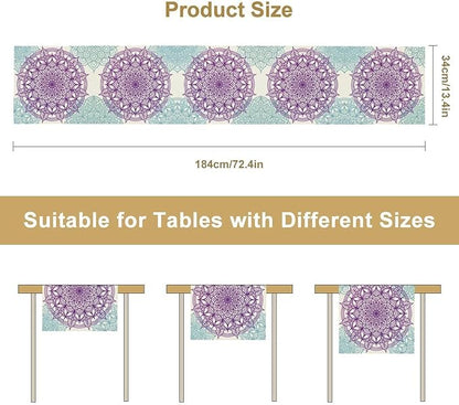 Boho Mandala Table Runner, Purple Blue Bohemian Floral Table Decor Runner for Kitchen Dining Indoor Outdoor Party Decoration, 13x120 Inch